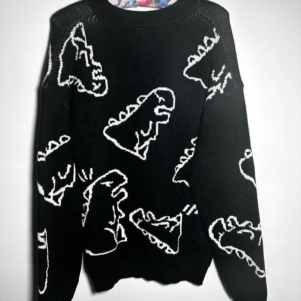 Cute Kawaii Cartoon Dinosaur Print Long Sleeve Loose Knitted Cardigan w Buttons - Picture 8 of 11